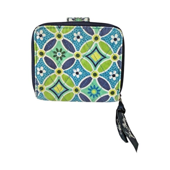Vera Bradley Wallet "Daisey Daisey" Pattern Navy Blue Green Teal Quilted Fabric - Picture 2 of 7